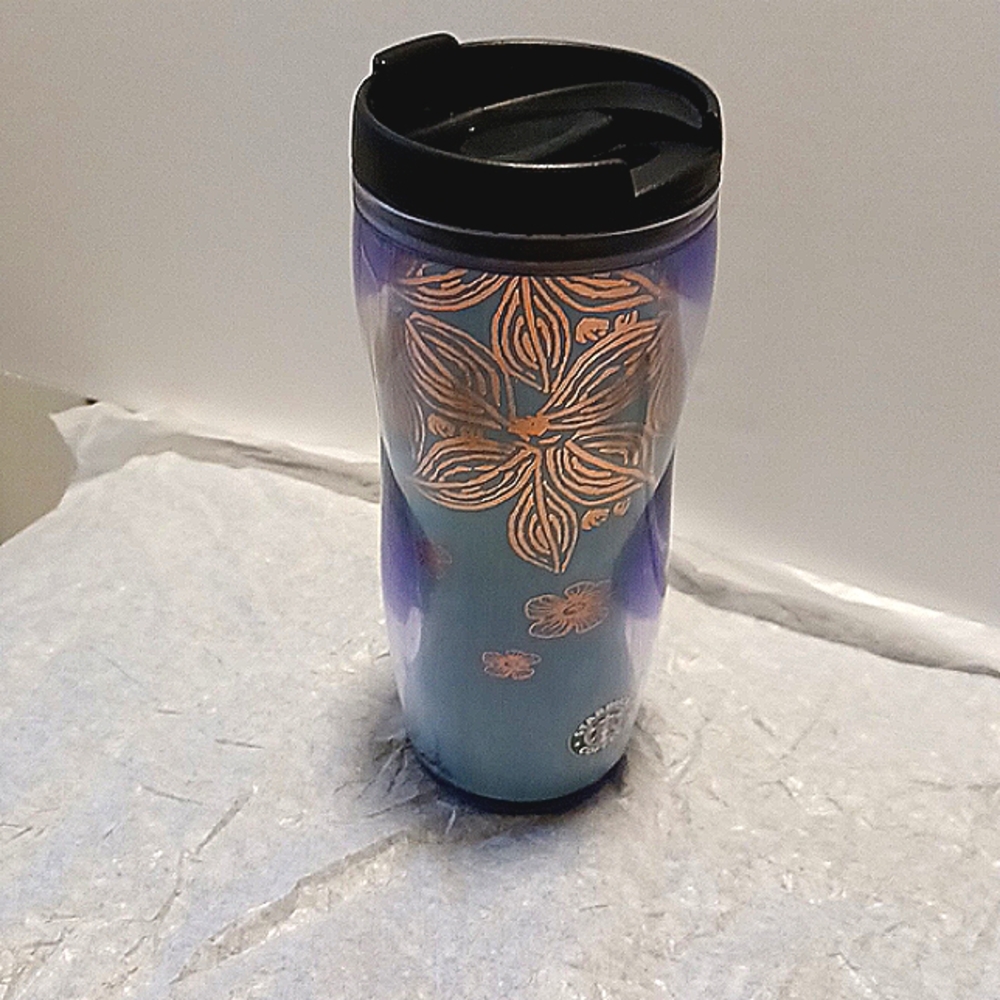 Starbucks 2008 tumbler 12 Oz holiday blue foil with gold flowers flip lid